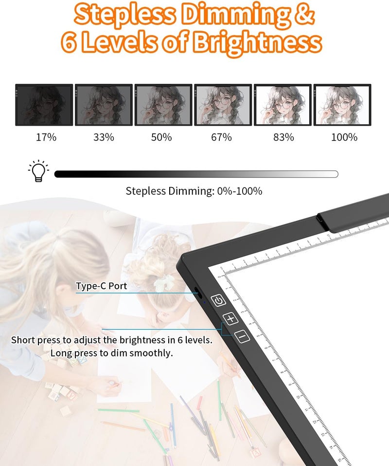 KEIWRLIGHT A4 Light Board for Tracing - Rechargeable Portable Light Pad Stepless Light 6 Levels Brightness, Lightbox for Tracing & Drawing Painting Sketching Artcraft Tracing Pad for Kid Adults W/Case - Image 4